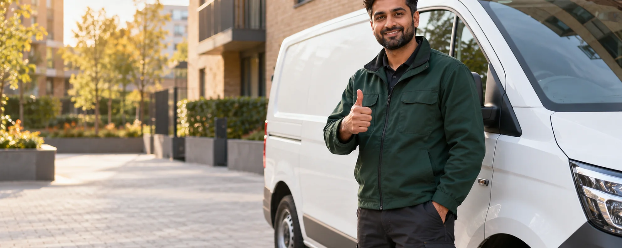 Illustrative AI-generated image of a multi-trade worker beside an unbranded white work van, giving a thumbs-up.