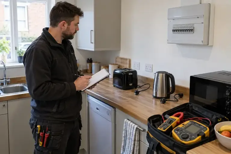 Electrician recording appliance loads in a kitchen beside circuit test equipment.