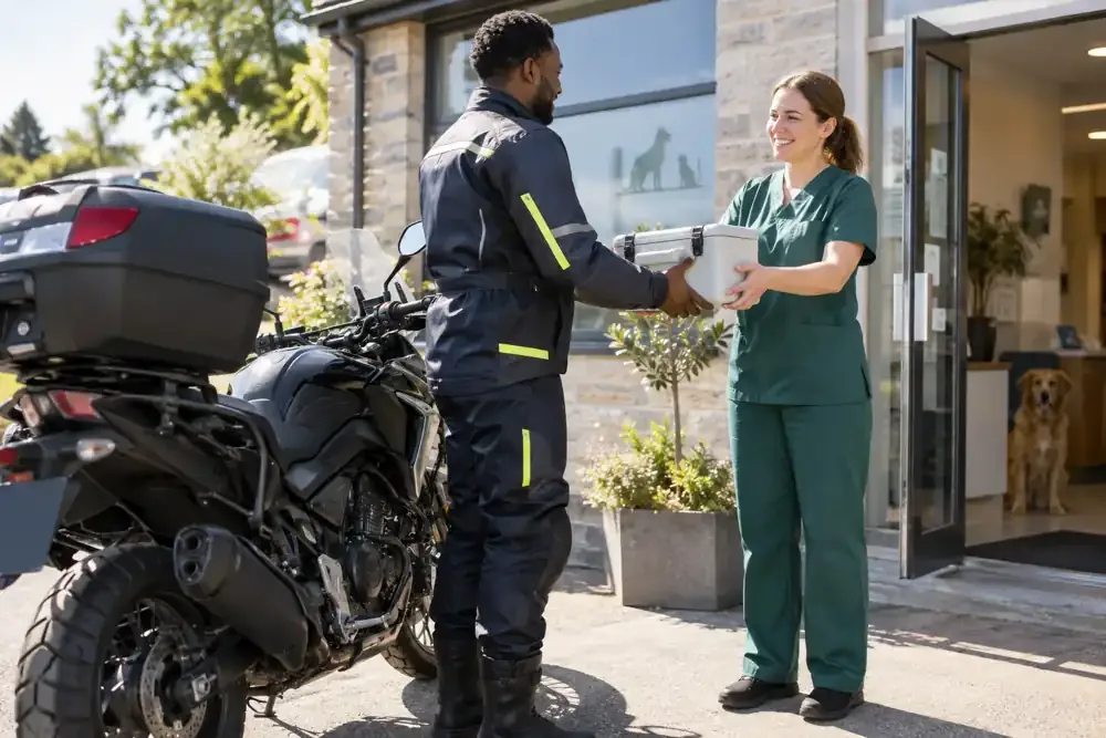 a motorcycle courier preparing or handing over a suitable consignment