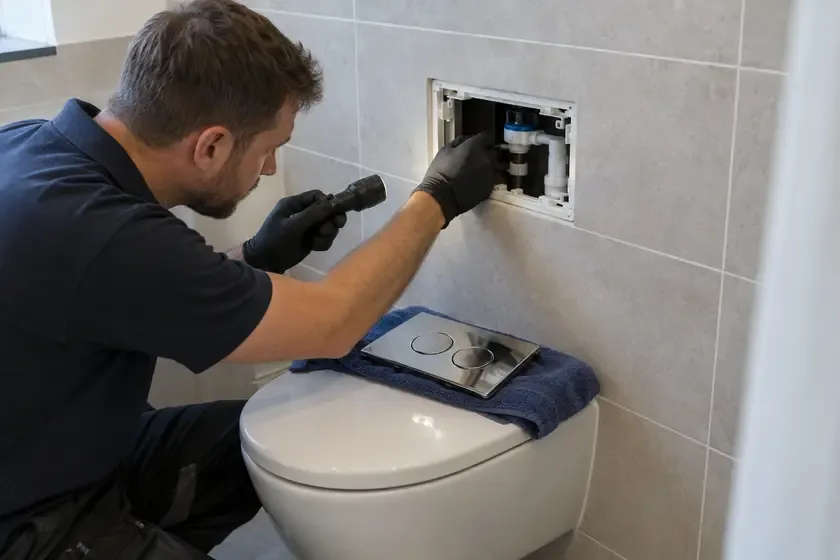 Plumber repairing a concealed toilet cistern through the flush-plate access opening.