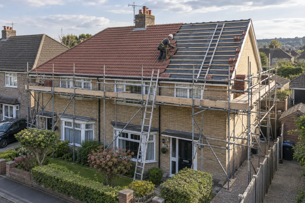 Roofers replacing a house roof covering above visible underlay and battens