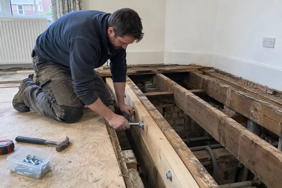 Carpenter repairing exposed floor joists where floorboards have been lifted, new sister timber bolted beside an old supporting joist, carpenter working from a stable temporary plywood deck and tightening a bolt, distinct floor structure.
