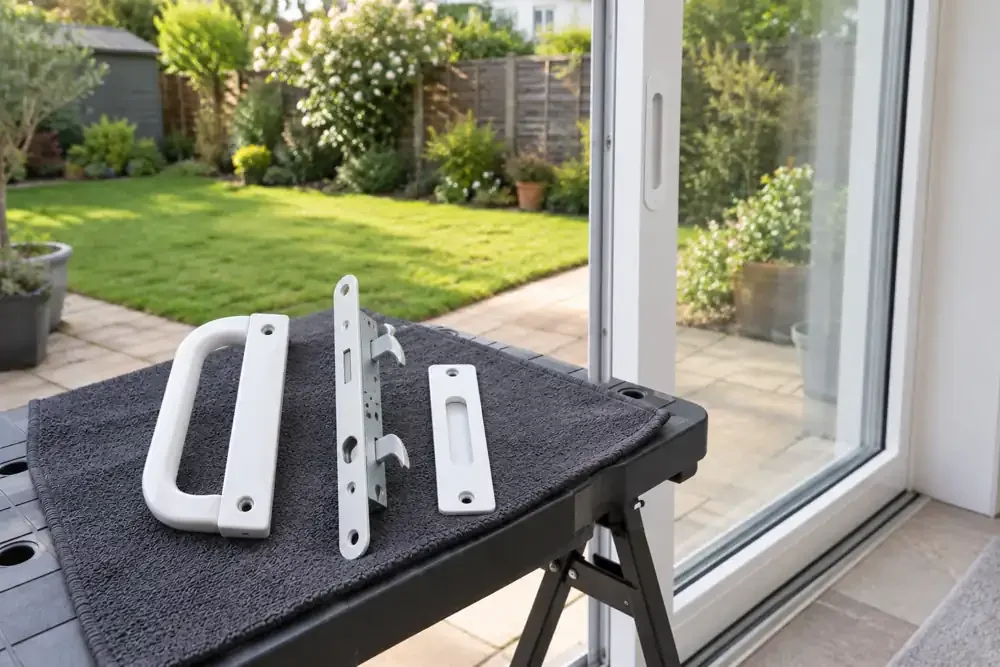 Replacement sliding patio-door handle and hook-lock hardware beside the door.