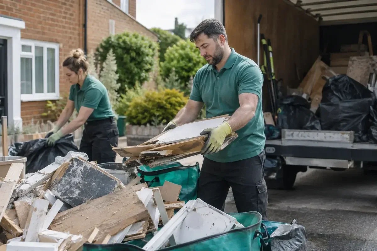 Clearance workers sorting mixed rubble and wood beside a truck