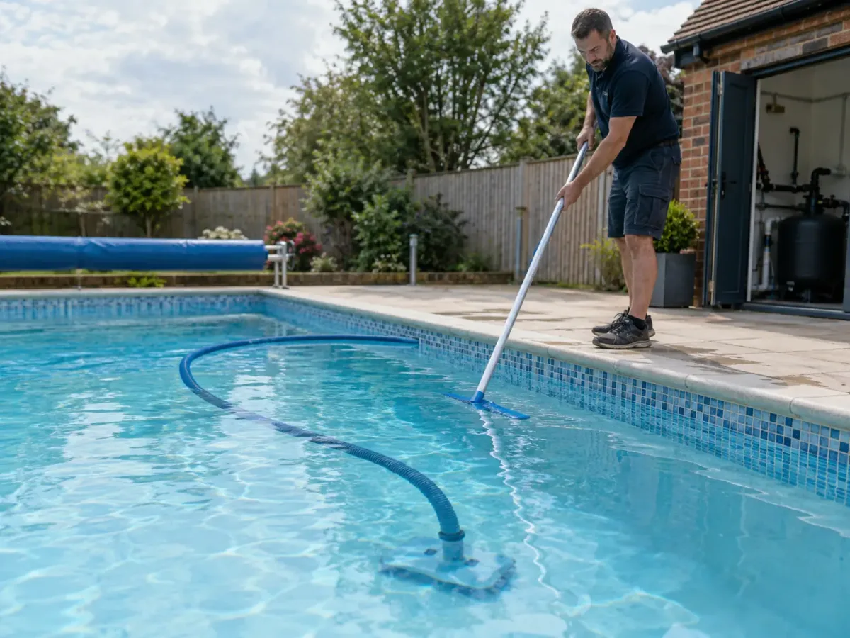 Professional vacuuming and brushing an outdoor pool