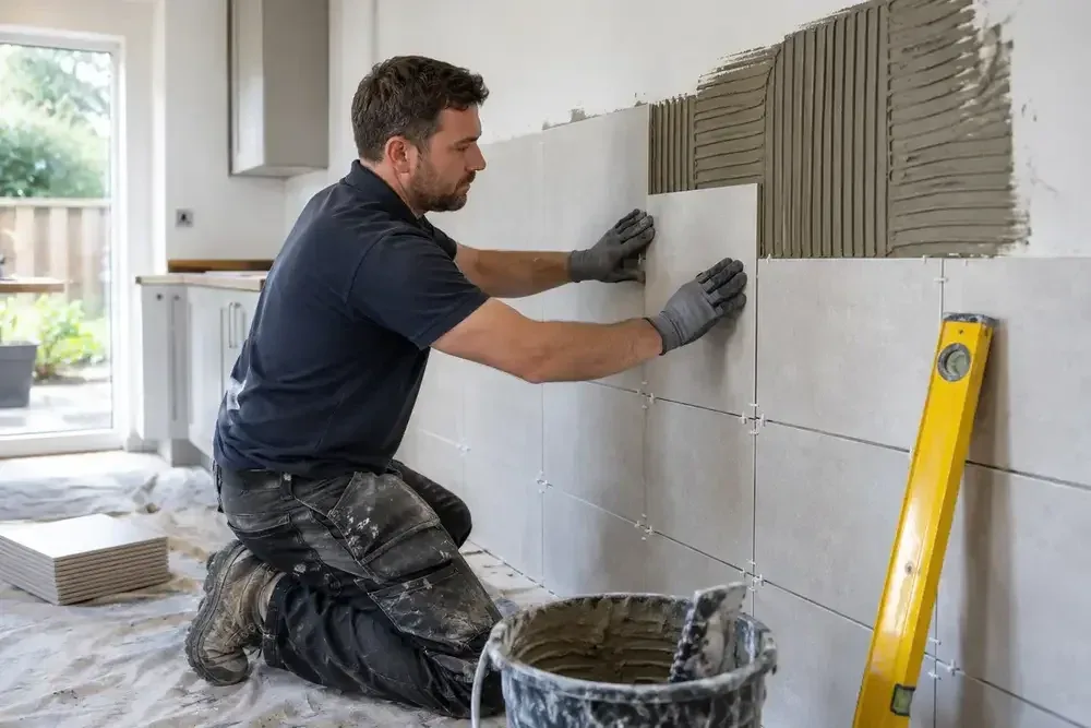 Tiler placing a large ceramic tile on an adhesive-coated wall