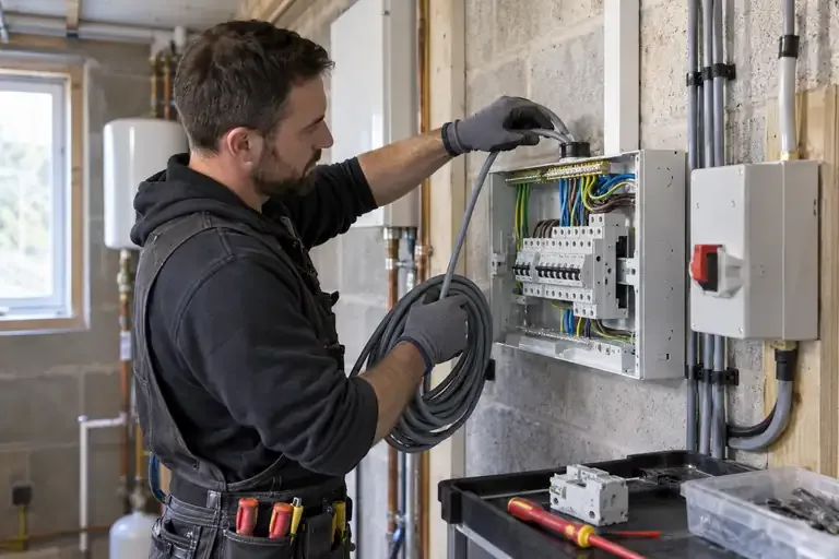 Electrician routing a new circuit cable into a locked-off metal consumer unit.