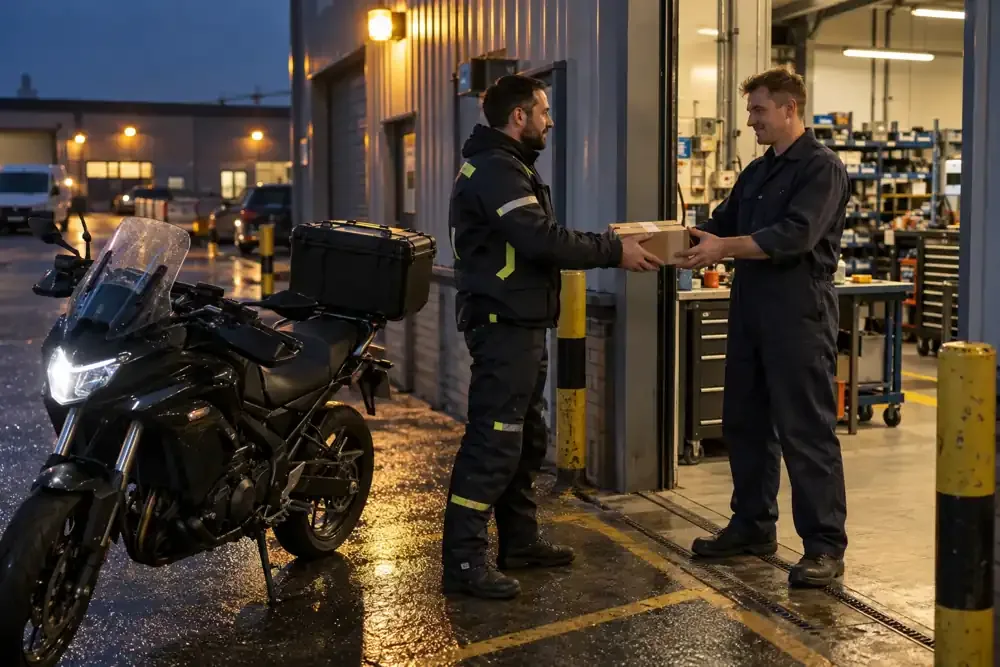 a motorcycle courier preparing or handing over a suitable consignment