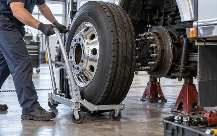 Technician guides an alloy truck wheel with open mounting holes toward a studded hub using a wheel trolley.