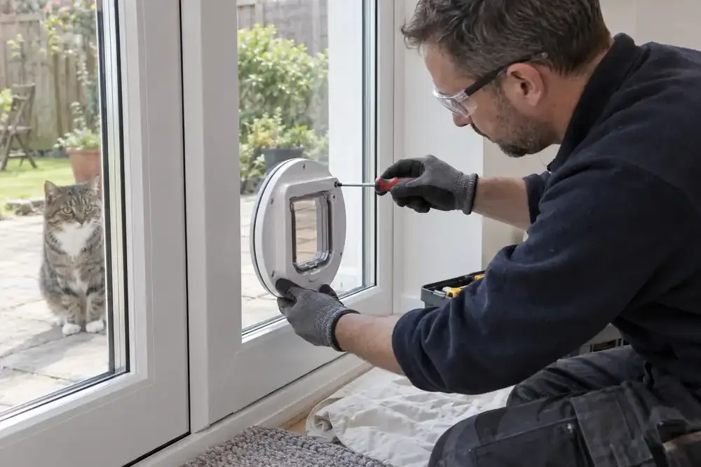 Close interior view of a white double-glazed patio door: glazier tightens a white cat-flap mounting ring in a factory-prepared circular aperture through a replacement sealed unit, no glass drilling or cutting.
