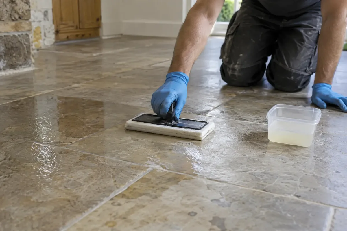 Gloved worker spreading clear sealer across a natural-stone tiled floor with a flat applicator pad beside a small plain container.
